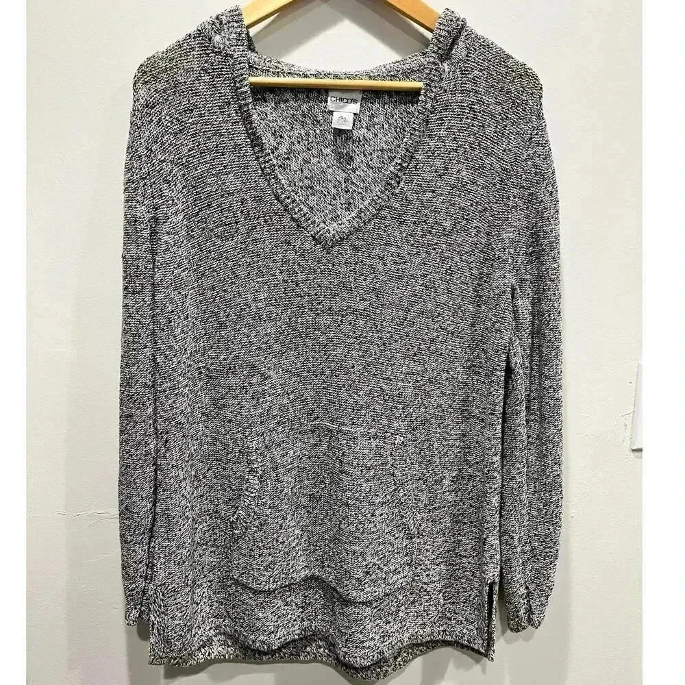 Chicos Women's Gray Black Speckled 100% Linen Casual Pull Over Hoody 2
